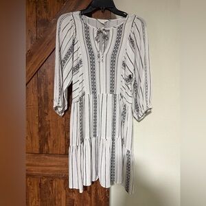 Caslon White Midi Dress with Black, Pink Stripe Detail Boho Style. Size Small
